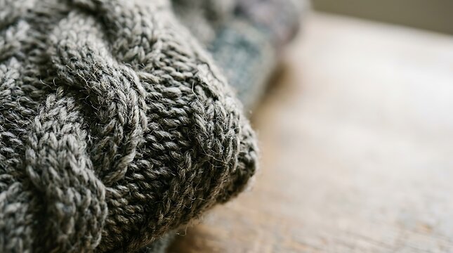 Cozy grey cable knit fabric close up on a rustic wooden background