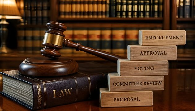 Wooden judge gavel resting on a law book with steps of legislation. Ideal for legal process and law concepts.