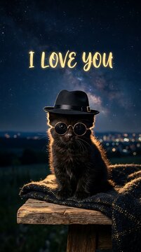 Cool black cat wearing a hat and glasses with i love you text