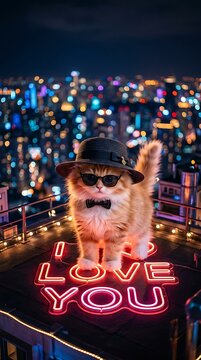 Cool ginger cat wearing hat and sunglasses at night city