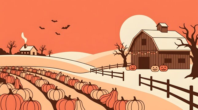 A charming autumn scene featuring a pumpkin patch barn and a cozy farmhouse under a vibrant orange sky