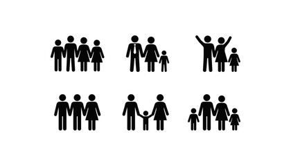 Fototapeta premium Family icon set with parents children group silhouettes and community stick figure vector symbols
