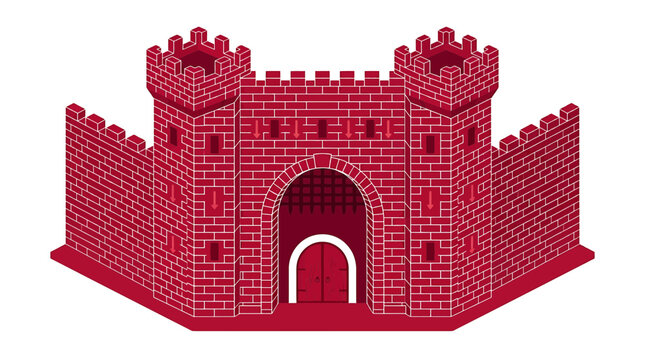 Isometric red brick castle gatehouse with towers, medieval fortification icon for historical and architectural design