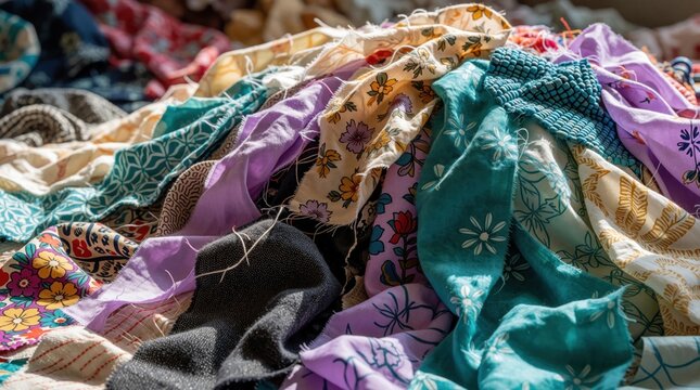 Colorful pile of textile fabric scraps with various patterns, textures. Different material pieces like cotton, linen create vibrant mess. Sustainable fashion concept shows recycled cloth waste for