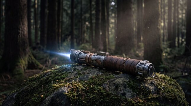 Glowing Sci-Fi Lightsaber Hilt Resting on Mossy Rock in Forest. Concept of sci fi weapon, fantasy forest, glowing light.
