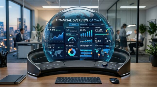 Futuristic financial dashboard displaying global market data and analytics