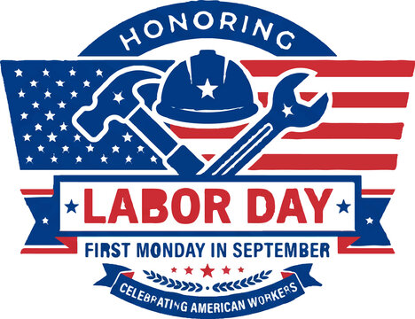 Honoring labor day graphic with united states flag and working tools for national holiday concept.