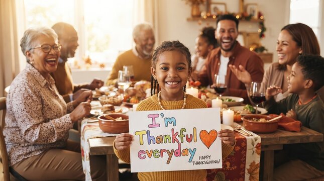 A young girl holding a sign saying i am thankful everyday at a happy family dinner gathering