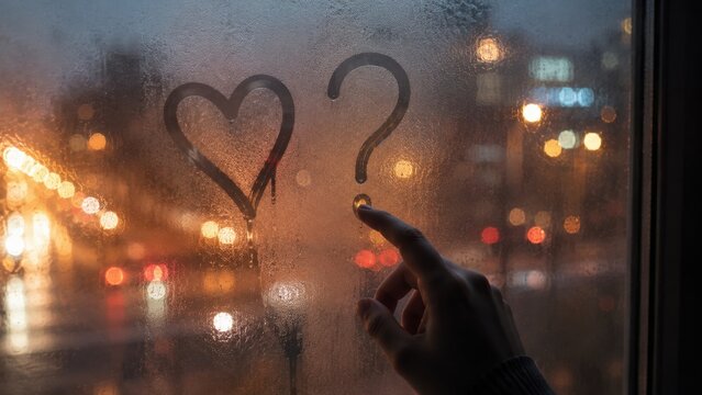 Heart and Question Mark Drawn on Fogged Window Glass in Evening City. Concept of heart shape, love concept, relationship problems, doubt.
