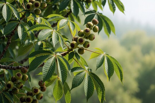 Close up of green leaves, round fruits on Ohio buckeye tree branch. Aesculus glabra plant grows in Colorado forest during summer. Fresh botanical foliage with wild nut clusters in natural woodland