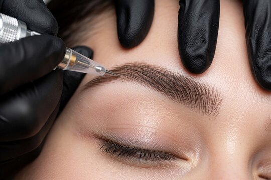 Cosmetologist applies permanent makeup with digital machine to woman brow. Expert shapes eyebrow with tool, creating natural look. Client relaxes during cosmetic procedure in salon.
