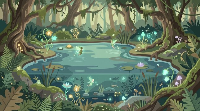 Magical Forest Fairy Pond with Submerged Life and Glowing Plants Vector