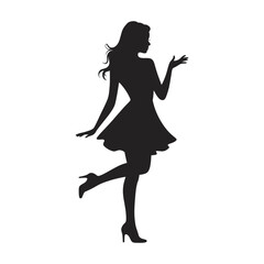 Fototapeta premium Black silhouette of a woman standing in a dress with one leg lifted and hand gesturing, isolated on a white background