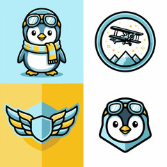 Fototapeta premium Cartoon Penguin Pilot and Aviation Icons.
