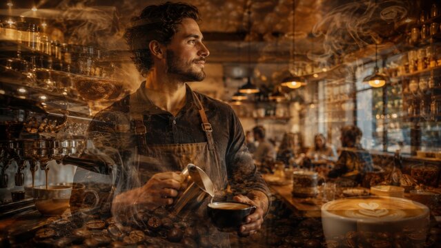 Barista Making Coffee in Cozy Cafe Double Exposure. Concept of coffee shop.