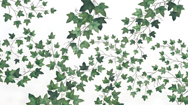 Watercolor ivy leaves and vines. Hand-painted green foliage branches on white background for design. Botanical vector seamless pattern illustration.