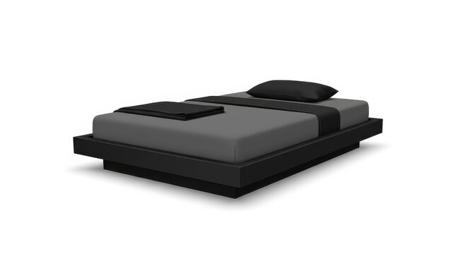 Modern black platform bed with grey bedding and dark accents