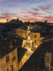 Fototapeta premium Colored Pencil Illustration of Montisi Tuscan Hilltop Village at Sunset, Glowing Stone Houses, Rooftops and String Lights Under Pink Sky, Val d'Orcia Italy Art, Vertical