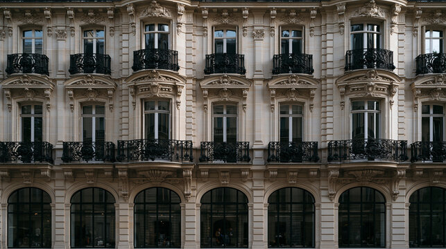 Classic Parisian Building Facade with Wrought Iron Balconies