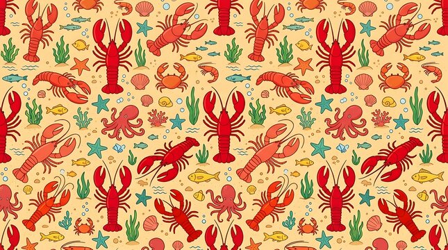Colorful underwater life seamless pattern with lobsters and crabs