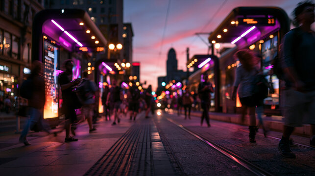 Modern City Tram Stop with Neon Lights at Dusk