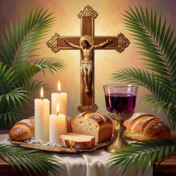Crucifixion scene with wine chalice bread and lit candles. Palm leaves frame this religious symbol of sacrifice and redemption. Commemorates holy week and spiritual devotion.