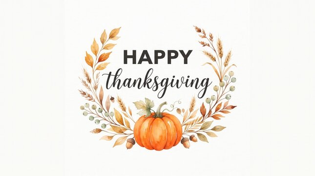 Watercolor happy thanksgiving greeting card design with a festive pumpkin and autumn leaves wreath on white background
