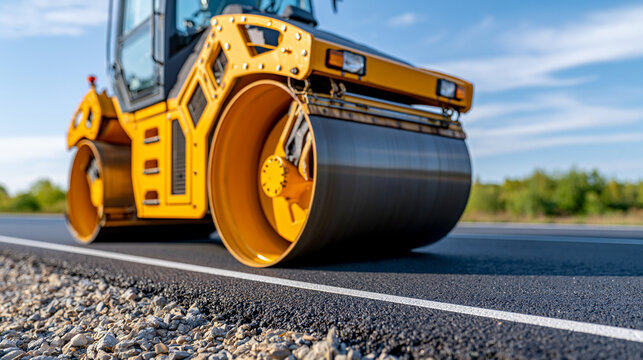 Road paving machine laying fresh asphalt on a long straight road under a cloudy sky, infrastructure maintenance, with copy space