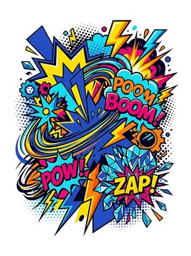 Vibrant pop art explosion with comic book sound effects