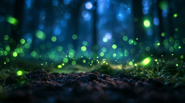 Enchanted Forest Ground with Glowing Fireflies and Bokeh Lights