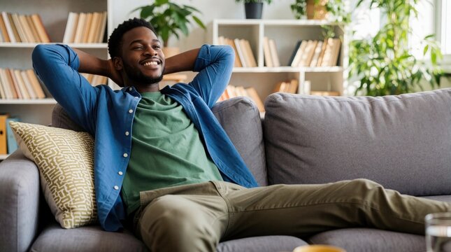 Smiling young African American man relaxes on grey sofa in bright modern living room. Enjoys leisure time at home with hands behind head. Peaceful indoor lifestyle scene featuring bookshelf, green