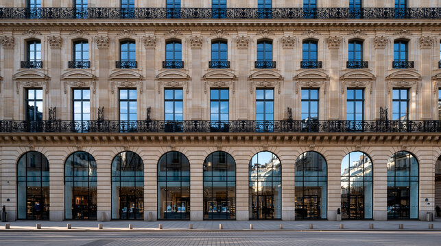 Classic European Building Facade with Arched Windows in Paris