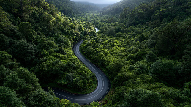 Aerial View of Winding Road Through Dense Green Rainforest