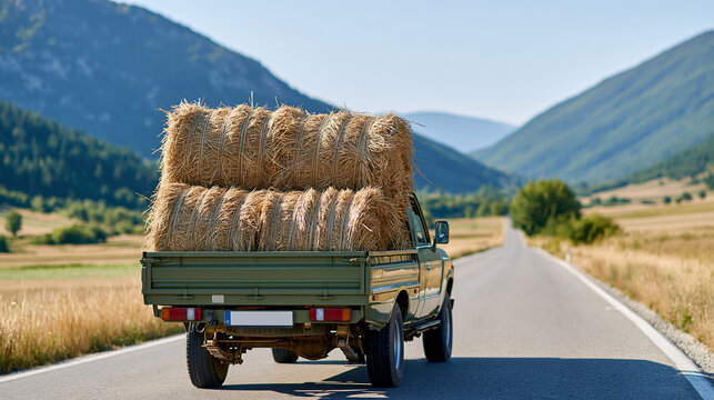 Pickup truck loaded with harvested crops on a rural mountain road, agricultural transport, rural livelihood concept, with copy space