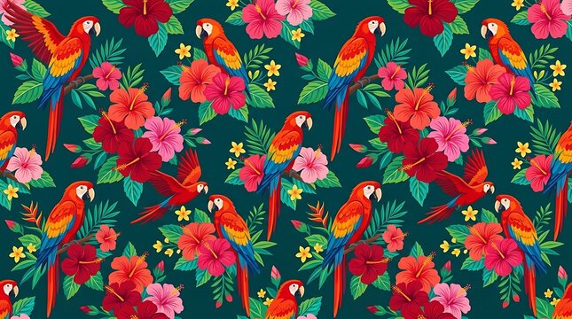 Tropical pattern featuring red macaws and colorful hibiscus flowers