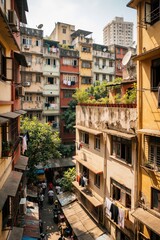 Fototapeta premium Busy city street with colorful apartment buildings. Laundry hangs from balconies, people walk below. Narrow alleyway lined with shops and motorbikes.