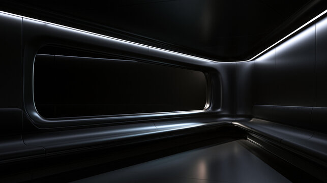 Futuristic Dark Spaceship Interior with Sleek Ambient Lighting