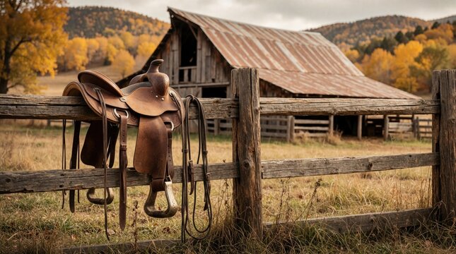Leather horse saddle and reins rest on wooden fence by rustic barn. Autumn foliage covers hills behind old ranch building. Peaceful country scene.