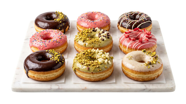 Assorted gourmet donuts collection, nine colorful glazed doughnuts on marble tray, sweet pastry set with chocolate and strawberry icing