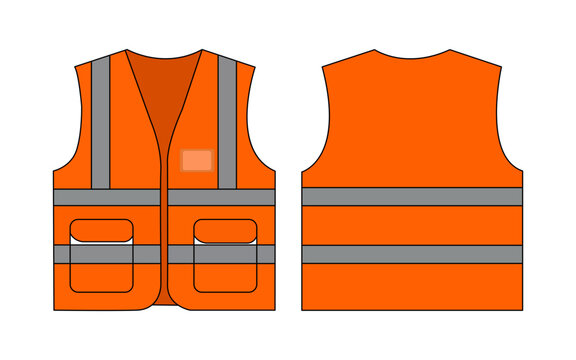 Front and back view of a highvisibility orange safety vest with reflective stripes and pockets