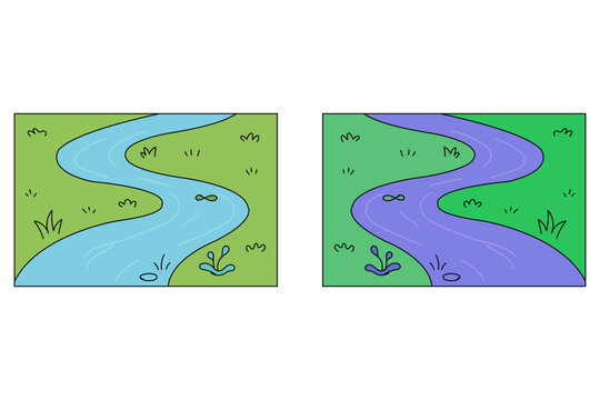 Set of two illustrations showing a winding river flowing through a green landscape