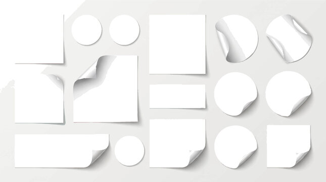 Stickers of various shapes with curled corners are displayed on a grey background.