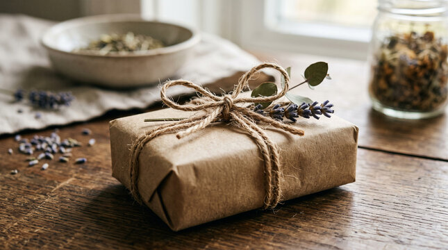 Handmade soap gift wrapped in kraft paper with twine and eucalyptus on wooden table