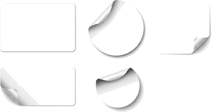 White paper stickers with curled edges display empty spaces for custom design.