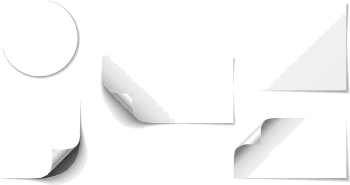 Paper sticker mockups with curled corners lie on a white surface.
