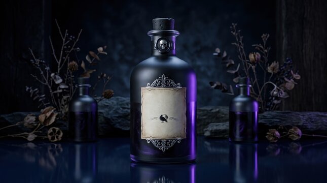 A dark mysterious glass bottle with a vintage label displayed in a spooky setting for a festive halloween celebration