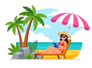 Fototapeta premium Woman reading book on beach chair under umbrella, tropical summer vacation illustration