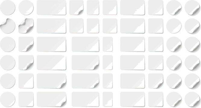 White sticker mockups in various shapes feature curled edges on a plain background.