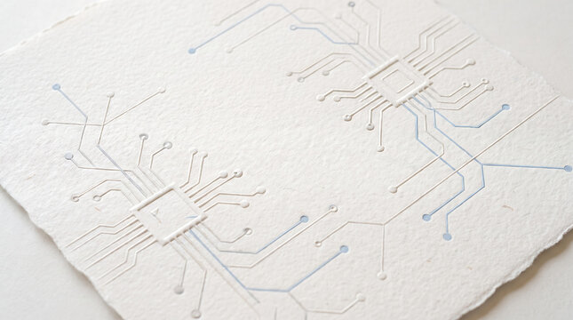 Minimalist embossed circuit board on white handmade paper, textured microchip pattern, clean tech concept background