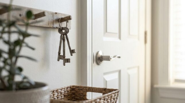 Vintage keys hanging on a rustic wooden key holder near a white door